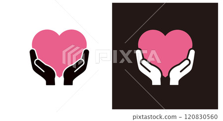 Icon holding a heart from below with both hands _ Hand and heart mark _ Copy space _ Silhouette Icon holding a heart from below with both hands _ Hand and heart mark _ Copy space _ Silhouette 120830560