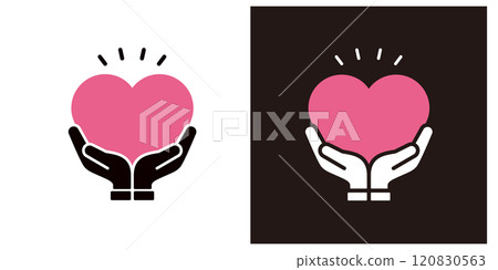 Icon holding a heart with both hands _ Hand and heart mark _ Copy space _ Silhouette _ Surprise 120830563