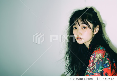 一位帶著溫柔微笑的亞洲女性的時尚肖像 120830652