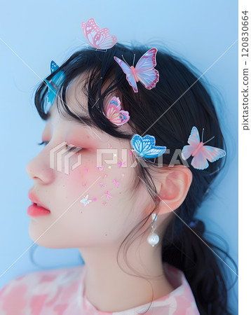 春天的到來，蝴蝶紛飛，亞洲女人鮮花盛開。 120830664