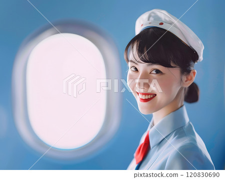 穿著端莊制服的亞洲空服員守護著航空旅行的安全。 120830690