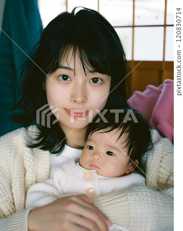 A natural portrait of an Asian baby and mother surrounded by love 120830714