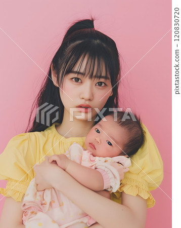 A natural portrait of an Asian baby and mother surrounded by love 120830720