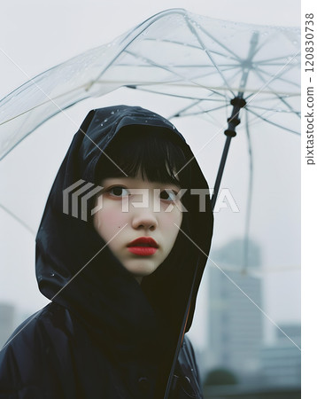Asian woman on a rainy day 120830738
