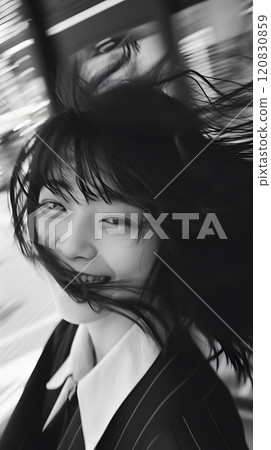 一位單色亞洲女學生捕捉運動瞬間 一位單色亞洲女學生捕捉運動瞬間 120830859