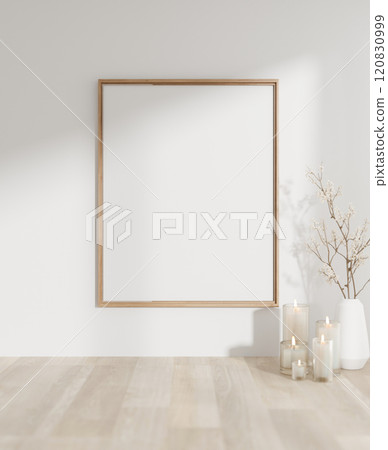 A front view of a wooden frame mockup mounted on a white wall with sunlight casting shadows. 120830999