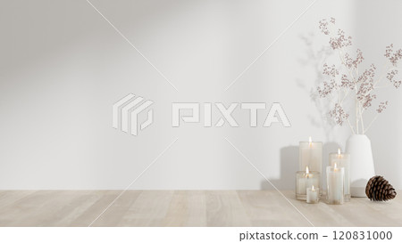 A minimalist wooden surface with lit candles and a ceramic flower vase against a white wall. 120831000