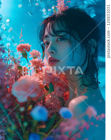 Asian woman surrounded by underwater garden 120831031
