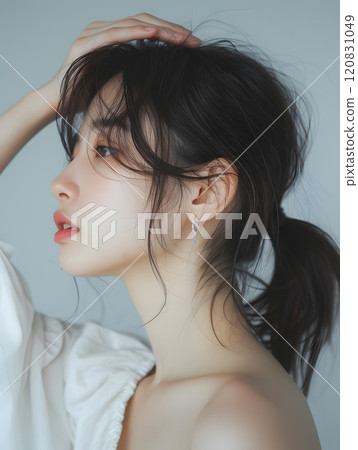 Asian woman profile with thoughtful moment 120831049