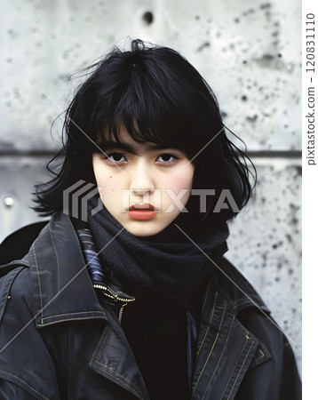 Asian woman in front of a concrete wall Asian woman in front of a concrete wall 120831110