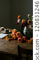 Dried flowers and cake on the table 120831246
