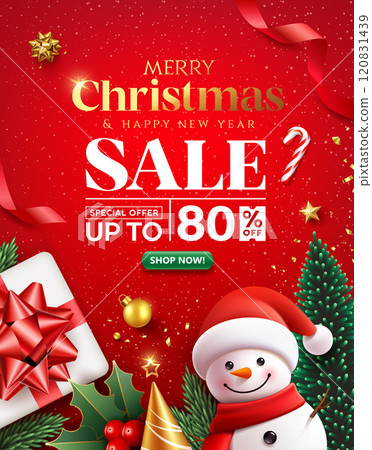 Merry christmas and Happy new year sale, snowman and ornaments poster flyer design 120831439