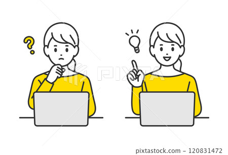 A set of young women looking at a computer and having doubts/inspiration poses [People vector illustration material] 120831472