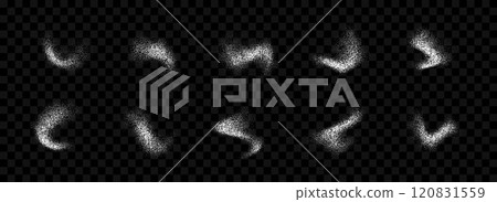 White powder splash collection. Grunge grain spray texture set. Dotted curved smudged brush stain pack. Sand noise splattered overlay bundle. Abstract stippled fluid grain gradient shapes. Vector 120831559