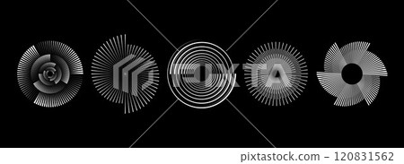 Radial spiral pattern set. Circular spinning speed lines form collection. Rotating circle sound wave concepts. Abstract sunburst ray and beam design element for icon, badge, logo, tag, label. Vector 120831562