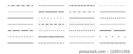 Dashed thin lines set. Black straight dotted stripe collection. Separate and divide element bundle for flyer, poster, brochure, banner, booklet, leaflet. Vector design pack Dashed thin lines set. Black straight dotted stripe collection. Separate and divide element bundle for flyer, poster, brochure, banner, booklet, leaflet. Vector design pack 120831568