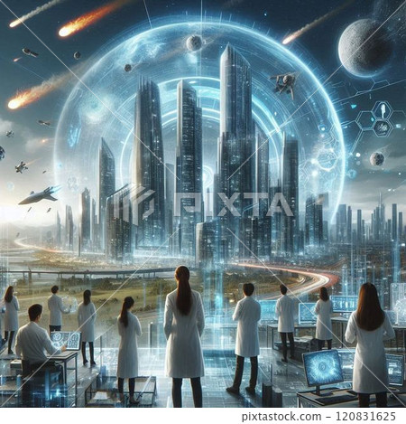Futuristic landscape with aliens and spaceships 120831625