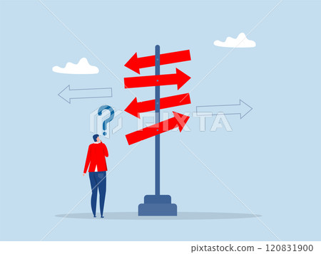 direction or choose the right way to success concept ,businessman looking at multiple road sign with question mark mark and thinking which way to go.vector illustrator 120831900