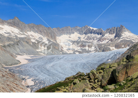 The Rhone Glacier, the source of the Rhone River at Furka Pass in the Swiss Alps in canton of Valais, Switzerland The Rhone Glacier, the source of the Rhone River at Furka Pass in the Swiss Alps in canton of Valais, Switzerland 120832165