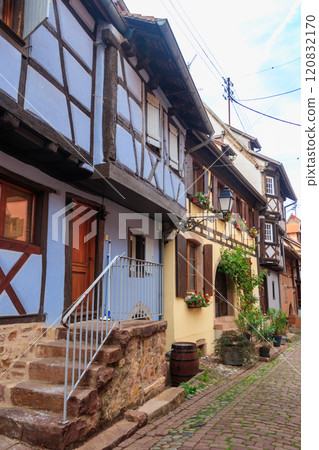 Street with picturesque colorful half-timbered houses in the medieval village of Eguisheim, Alsace, France. Village is ranked in the top 20 of Les Plus Beaux Villages de France. Alsace wine route 120832170