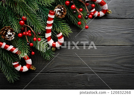 Enjoy festive Christmas decor with delightful candy canes and fragrant pine for holiday cheer 120832268