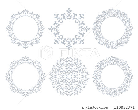 Set of decorative frames Elegant vector element for design in Eastern style, place for text. Floral gray and white borders. Lace illustration for invitations and greeting cards Set of decorative frames Elegant vector element for design in Eastern style, place for text. Floral gray and white borders. Lace illustration for invitations and greeting cards 120832371