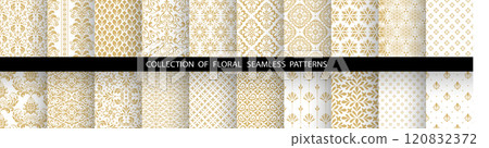 Geometric floral set of seamless patterns. White and golden vector backgrounds. Damask graphic ornaments Geometric floral set of seamless patterns. White and golden vector backgrounds. Damask graphic ornaments 120832372