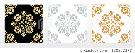 Wallpapers in the style of Baroque. Seamless vector backgrounds. Set of colored floral ornaments. Graphic patterns for fabric, wallpaper, packaging. Ornate Damask flower ornaments Wallpapers in the style of Baroque. Seamless vector backgrounds. Set of colored floral ornaments. Graphic patterns for fabric, wallpaper, packaging. Ornate Damask flower ornaments 120832377