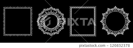 Set of decorative frames Elegant vector element for design in Eastern style, place for text. Floral black and white borders. Lace illustration for invitations and greeting cards. Set of decorative frames Elegant vector element for design in Eastern style, place for text. Floral black and white borders. Lace illustration for invitations and greeting cards. 120832378