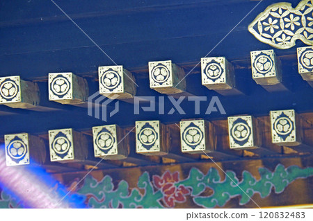 Kunozan Toshogu Shrine, the inverted hollyhock crest on the main shrine building [Shizuoka City, Shizuoka Prefecture] 120832483
