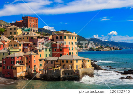 Picturesque view of beach, blue sea and colorful buildings of Boccadasse, old fishing village, in Genoa, Italy Picturesque view of beach, blue sea and colorful buildings of Boccadasse, old fishing village, in Genoa, Italy 120832740