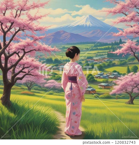 一個女孩站在鄉村俯瞰富士山和櫻花 120832743