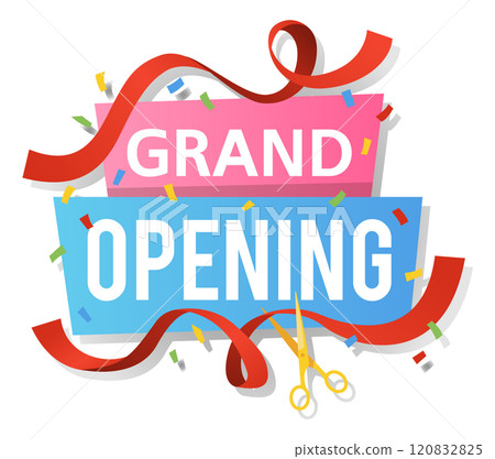 Grand opening. Festive event ceremony opening invitation poster, promo banner or advertising, flat style isolated elements. Flyer with ribbon, golden scissors, vector label design template 120832825