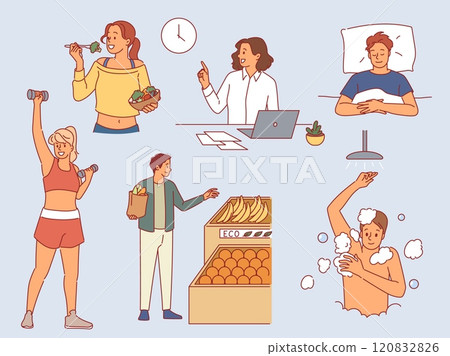 Healthy lifestyle habits. Proper nutrition, people exercise, eat fresh vegetable food and follow daily routine, active happy men and women, work and relax cartoon flat isolated vector set Healthy lifestyle habits. Proper nutrition, people exercise, eat fresh vegetable food and follow daily routine, active happy men and women, work and relax cartoon flat isolated vector set 120832826