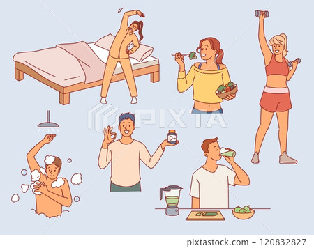 Healthy lifestyle. Active people take body care, fitness exercise, sports, taking vitamins, contrast shower, fresh food and detox drink, daily hygiene, cartoon flat isolated vector set 120832827