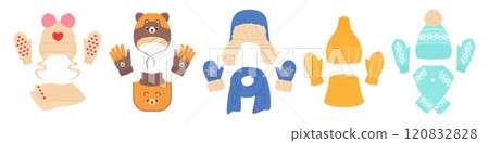 Kids winter kits. Knitted sets with mittens, hats and scarves, wool warm clothes, funny designs with animal ears and faces, kids cozy ornament apparel. Cartoon flat isolated vector set 120832828