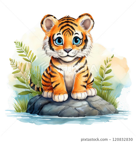 水邊岩石上的可愛小老虎水彩畫 2 / 傳單和海報材料 120832830