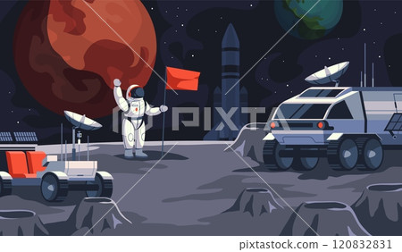Mars exploring. Astronaut in spacesuit sets flag on planet, space discoveries, special cosmos machinery, moon rover, cosmonaut travel landscape, cartoon flat isolated tidy vector concept Mars exploring. Astronaut in spacesuit sets flag on planet, space discoveries, special cosmos machinery, moon rover, cosmonaut travel landscape, cartoon flat isolated tidy vector concept 120832831
