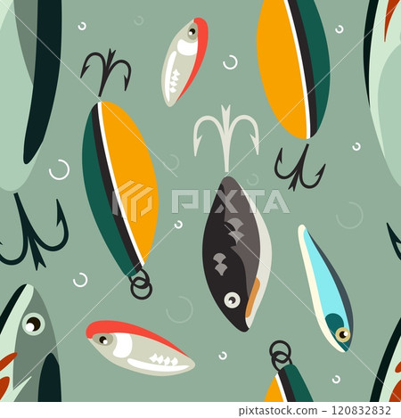 Seamless fishing baits pattern. Colorful lures, metal hooks, different shapes plastic fish imitations, repeated spinners. Decor textile, wrapping, wallpaper. Print for fabric, vector background Seamless fishing baits pattern. Colorful lures, metal hooks, different shapes plastic fish imitations, repeated spinners. Decor textile, wrapping, wallpaper. Print for fabric, vector background 120832832