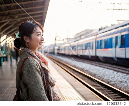 一位女士在月台上等火車 120832842