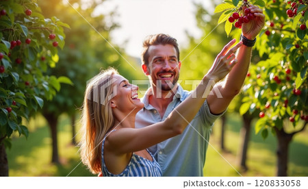 Couple enjoying cherry picking in a vibrant orchard during a sunny afternoon 120833058