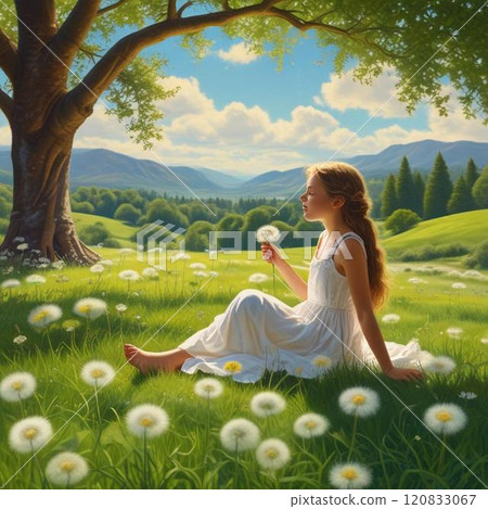 女孩用蒲公英放鬆 120833067