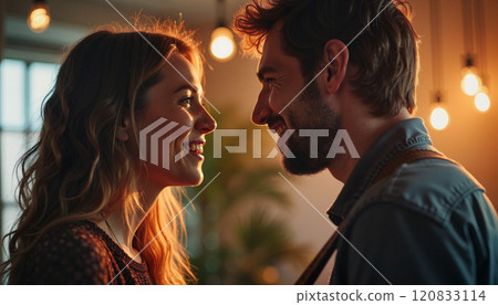 Couple enjoys a romantic moment under warm lights in a cozy indoor setting Couple enjoys a romantic moment under warm lights in a cozy indoor setting 120833114