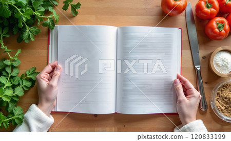Empty cookbook invites culinary creativity with fresh ingredients and vibrant colors 120833199