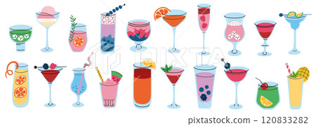 Collection of colorful mocktails and cocktails in various glasses with decorative garnishes, flat cartoon vector illustration. Non alcoholic drinks, summer parties, fresh berries and fruit beverages 120833282
