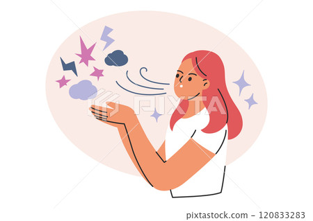 Woman letting go of negative emotions, abstract illustration with clouds, lightning, and stars, flat cartoon vector. Concept of mindfulness, mental health, stress relief, and self care Woman letting go of negative emotions, abstract illustration with clouds, lightning, and stars, flat cartoon vector. Concept of mindfulness, mental health, stress relief, and self care 120833283