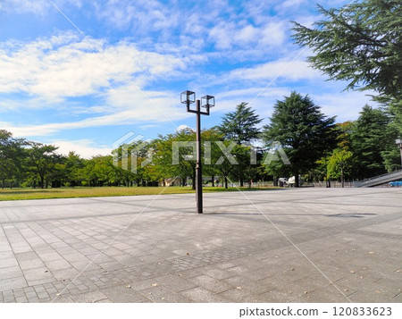 宮城縣仙台市青葉區西公園賞花廣場前的鋪路與路燈 宮城縣仙台市青葉區西公園賞花廣場前的鋪路與路燈 120833623