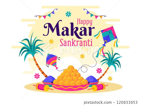 Makar Sankranti Vector Illustration. Translation the Harvest Festival. Indian Festive with Flying Colorful Kites and Festive Activity in a Background 120833853
