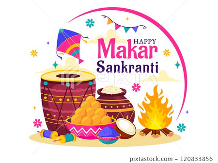 Makar Sankranti Vector Illustration. Translation the Harvest Festival. Indian Festive with Flying Colorful Kites and Festive Activity in a Background 120833856