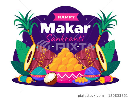 Makar Sankranti Vector Illustration. Translation the Harvest Festival. Indian Festive with Flying Colorful Kites and Festive Activity in a Background 120833861